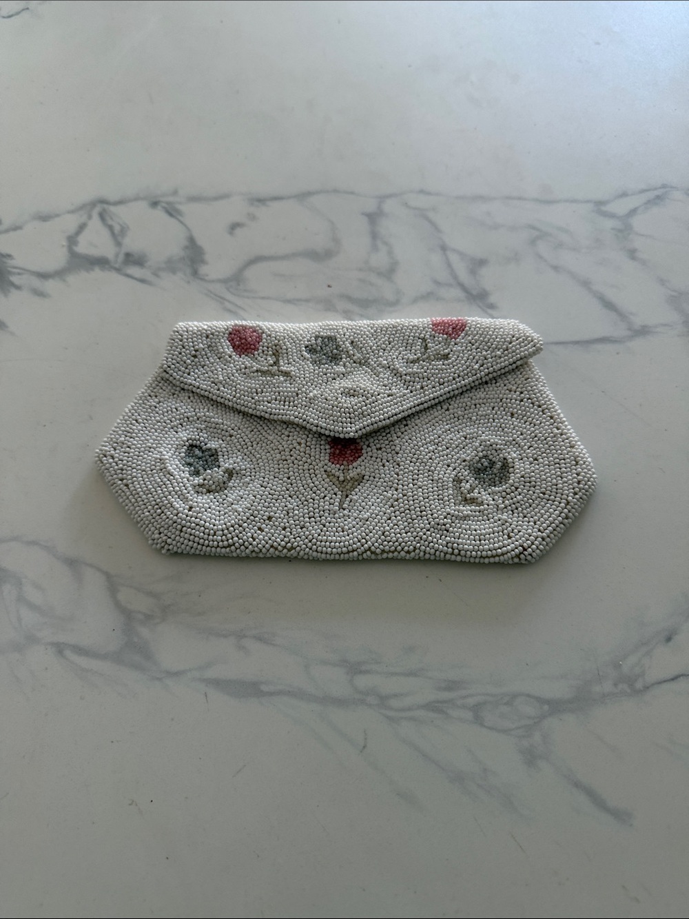 Vintage Beaded Purse with White, Pink & Gray Floral Envelope Clutch